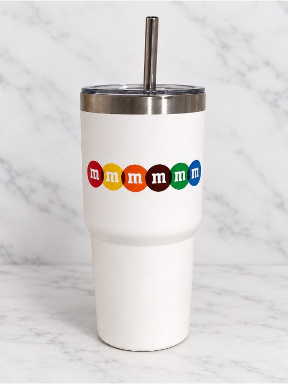 New M&M Insulated White Stainless Steel Tumbler with Metal Straw